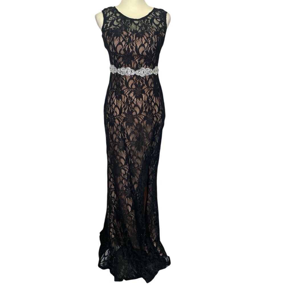 Vintage Y2K City Triangles Black Lace Mermaid Prom Dress Slit Rhinestones Size 9